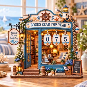 May include: A miniature bookstore model titled Seaside Stories Bookshop with the text BOOKS READ THIS YEAR and 075 displayed on oval signs. The structure features a lighthouse, a ship wheel, nautical netting, and books.