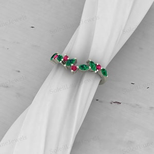 Emerald & Ruby Curved Band, Engagement Emerald Ring, Valentines Day Gift, White Gold Ring, Multi Gemstone Ring, Red Green Stone Band, SLJ