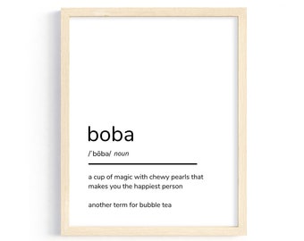 Lámina decorativa con la definición de Boba, póster de té de burbujas (descarga en PDF)