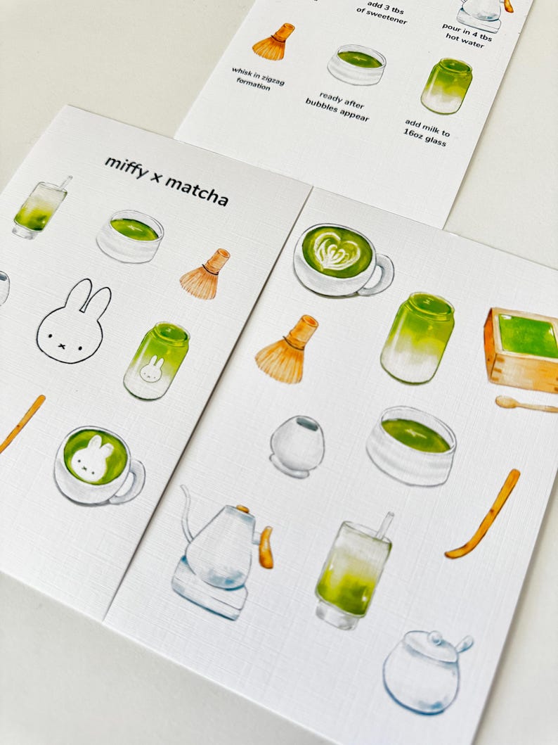 Op de afbeelding: Twee witte kaarten met aquarel illustraties over matcha thee. E&eacute;n kaart heeft instructies, de andere heeft matcha-thema illustraties, waaronder een Miffy-personage. De tekst op de kaart luidt "miffy x matcha".