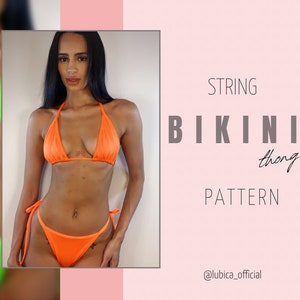 Könnte beinhalten: Orangefarbener String-Bikini mit Dreiecks-Oberteil und String-Unterteil. Der Bikini wird von einem Model mit langen schwarzen Haaren getragen. Der Text "STRING BIKINI thong PATTERN @lubica_official" befindet sich auf der rechten Seite des Bildes.