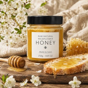 May include: A jar of raw natural wildflower honey with a black lid, a wooden honey dipper, and a slice of bread with honey. The label reads "HONEY" and "Made by hand". The jar contains 8.81 oz of honey.