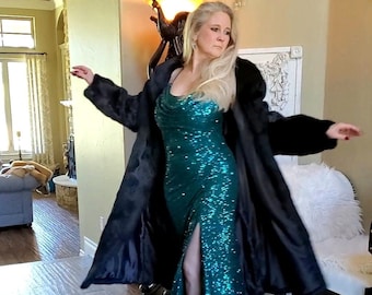 Luxurious Black Extra Long Rabbit Fur Coat