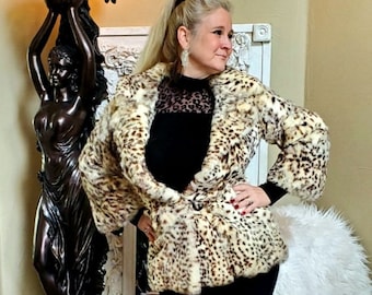 Gorgeous Rabbit Fur Coat with Bobcat Print sz Sm