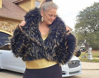 NWT Black and Gold Finn Raccoon Fur Jacket M/L