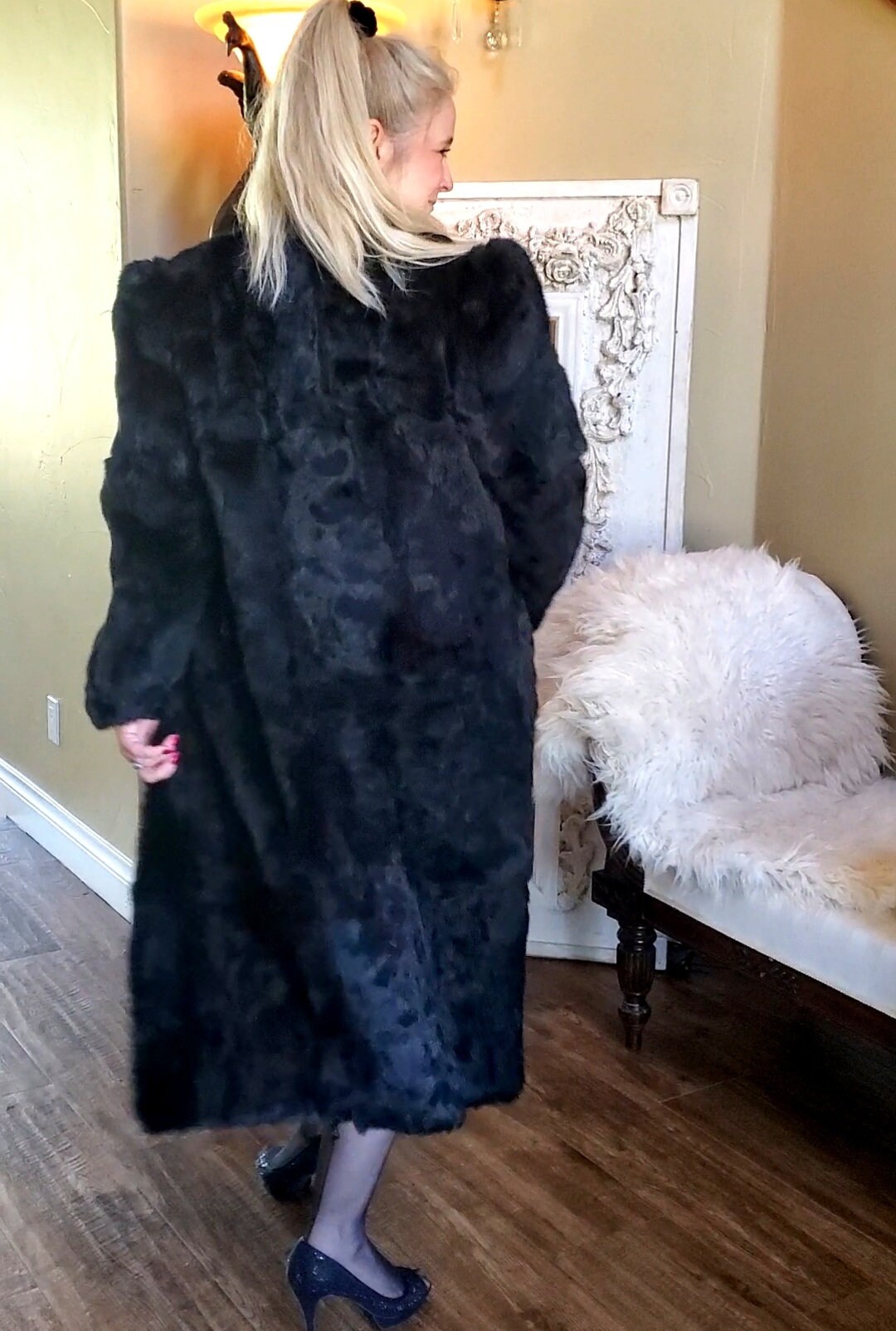 Drawstring Rabbit Fur Coat Black, Long, Ultra Soft Rabbit Fur Coat With Tuxedo Collar - Etsy