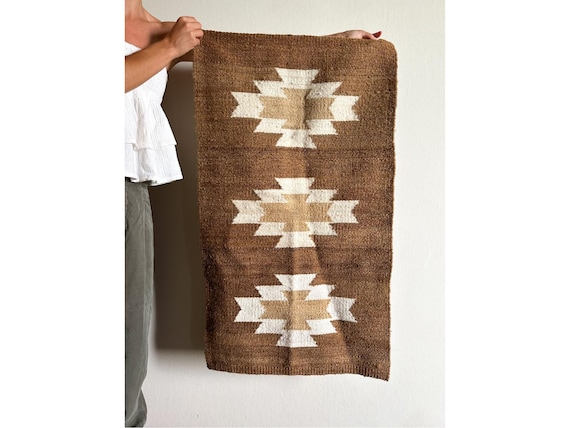 Chocolate Brown Aztec Wool Rug Handwoven, Cream Medallion Sheep Wool Wall Hanging Tapestry, Boho Accent Rug, Argentine Loom Decor