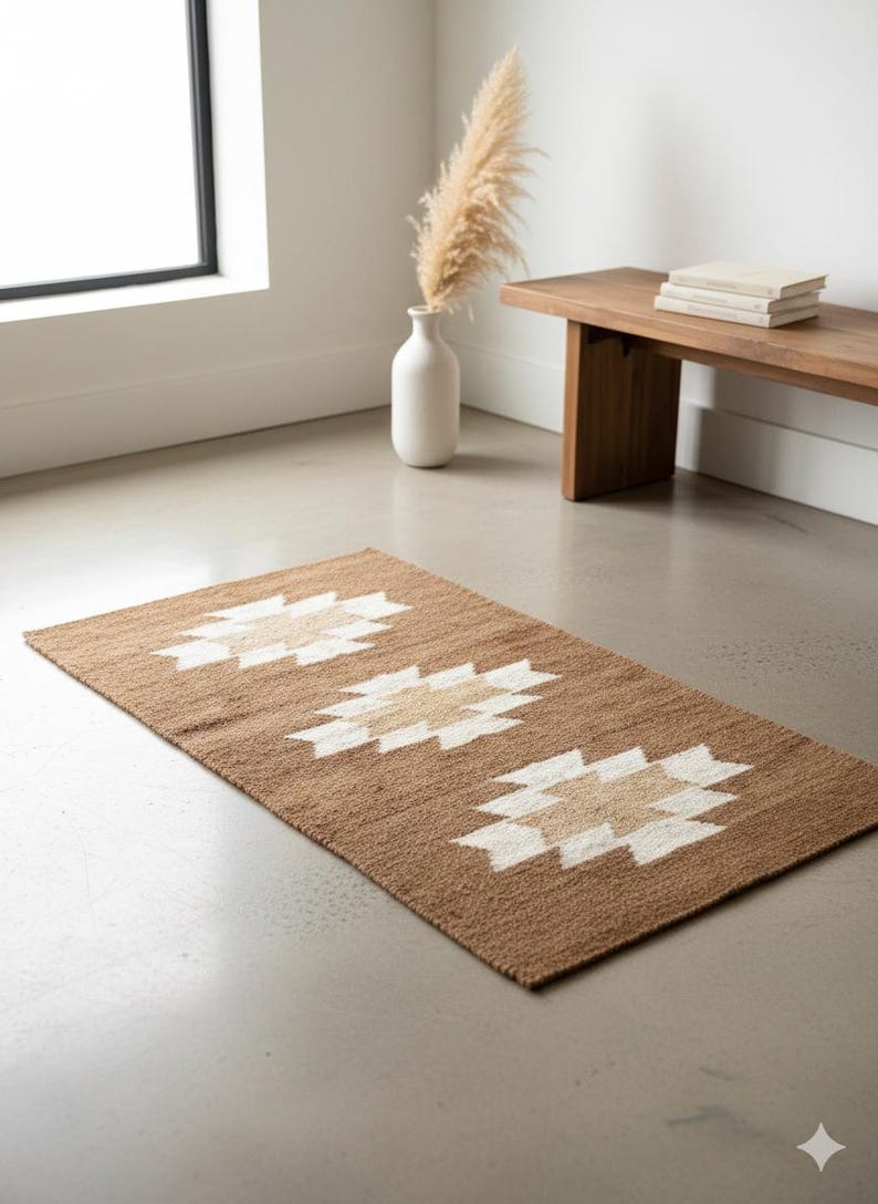May include: A rectangular brown rug with three repeating geometric patterns in white and tan. The rug is made of a woven material and is placed on a concrete floor. The rug is a decorative element for a living space.
