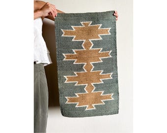 Aztec Stepped Wool Rug Handwoven, Sage Green and Camel Sheep Wool Wall Hanging Tapestry, Southwestern Accent Rug, Argentine Loom Decor