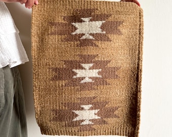 Earth Tone Wool Rug Handwoven, Geometric Sheep Wool Wall Hanging Tapestry, Small Accent Rug, Hand Loomed Argentine Boho Decor