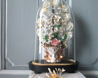 Antique French Wedding Globe: Silk Flower Bouquet, Oval Glass Dome
