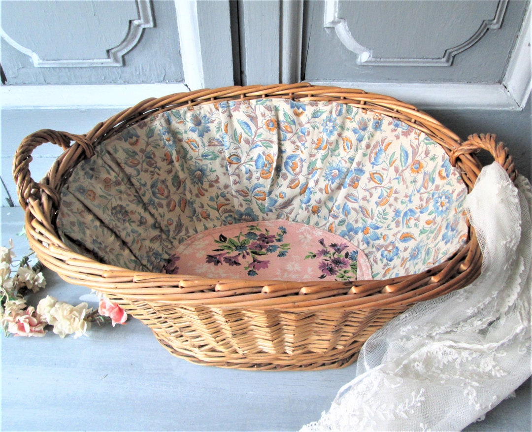 Vintage French Wicker Laundry Basket 1940's Fabric Lined Etsy