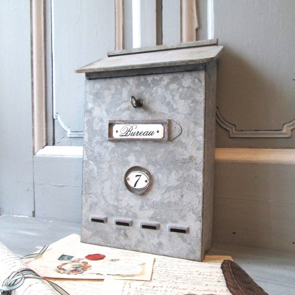 60's French mailbox XL mid-century French galvanized metal mailbox with original working key.