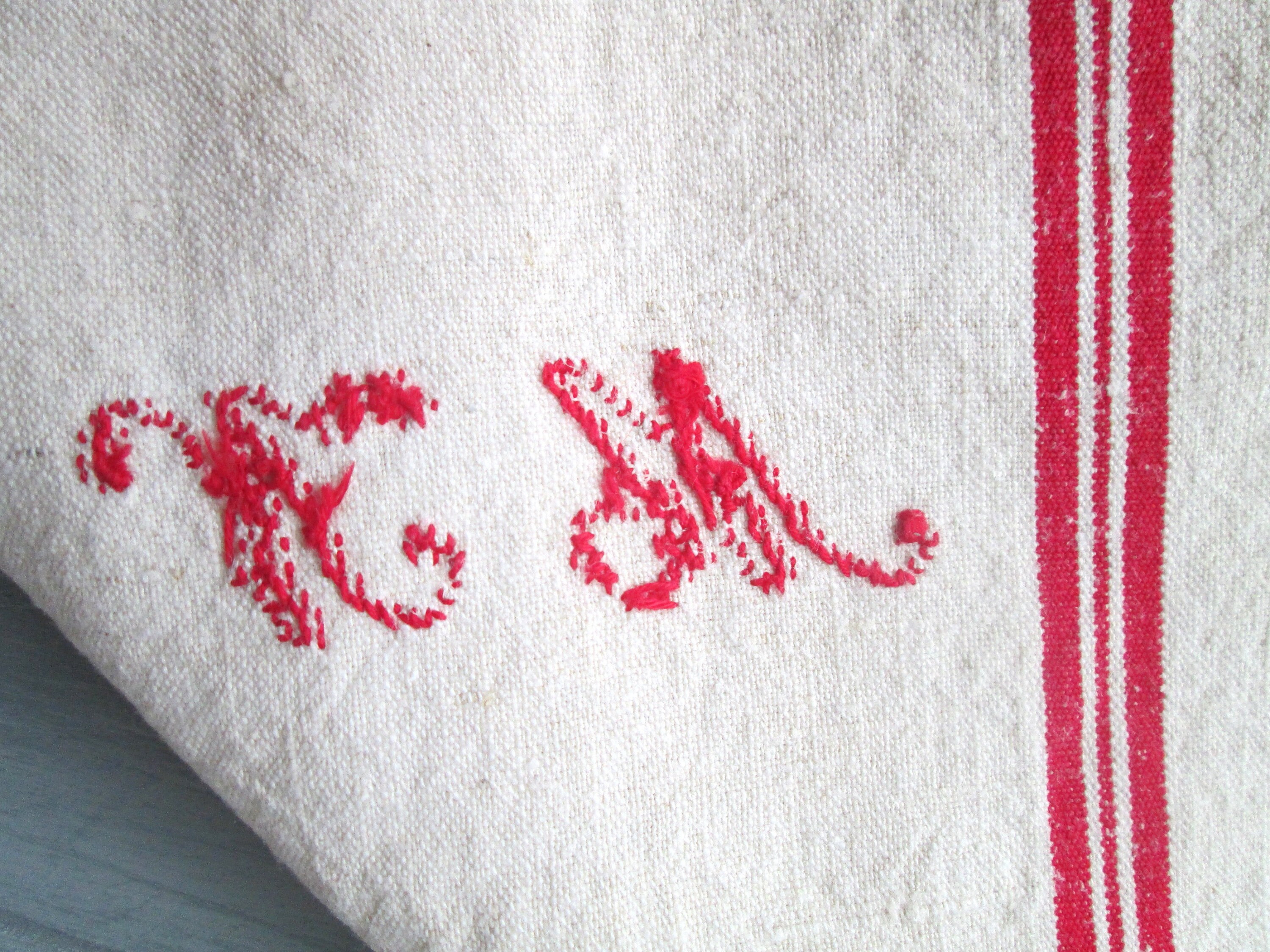 Set of 2 Antique French Hemp Kitchen Towels Red Crossed