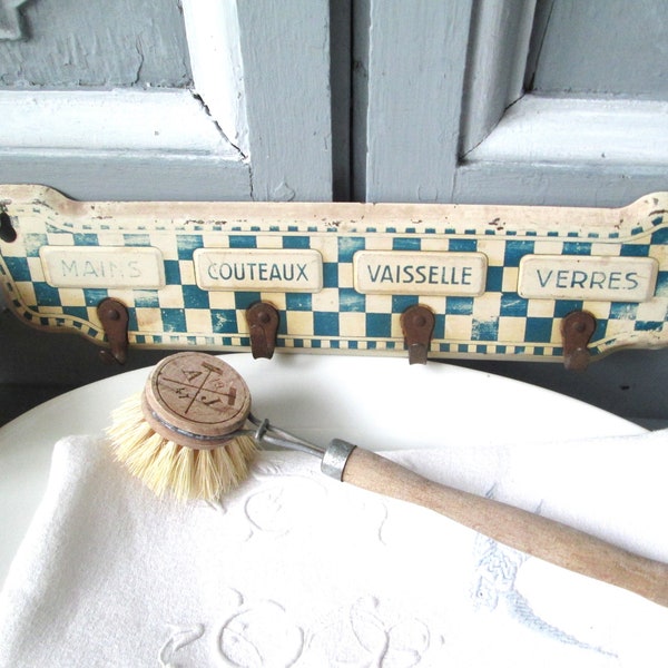 Antique French towel holder 1930's French Lustucru checkered lithographed metal kitchen towels rack.