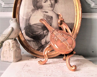 Antique French Bronze Jewelry Box, Mandolin Shaped, Tufted Silk Interior