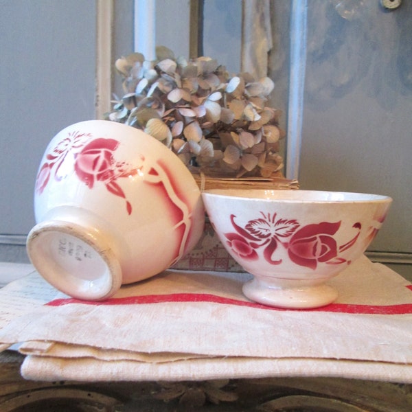 PAIR DIGOIN café au lait bowl 2 small Digoin bowls curated red Digoin bowls red and cream stamped.