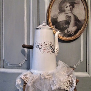 Antique French enamelware chocolate pot early 1900&#39;s French white enamel chocolate pot wooden handle pastel hawthorn leaves flowers pattern.