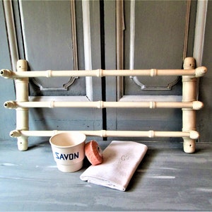 Antique French bathroom towel rack 1930&#39;s 1940&#39;s painted turned wood towel holder French white towel rack.