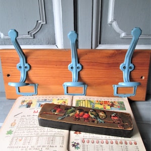 Vintage French School Coat Rack, Blue Painted Metal, Label Holders