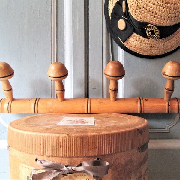 Antique French coat rack 1930 faux bambou hat rack four pegs wall hanging French honey color wood hat rack coat rack.