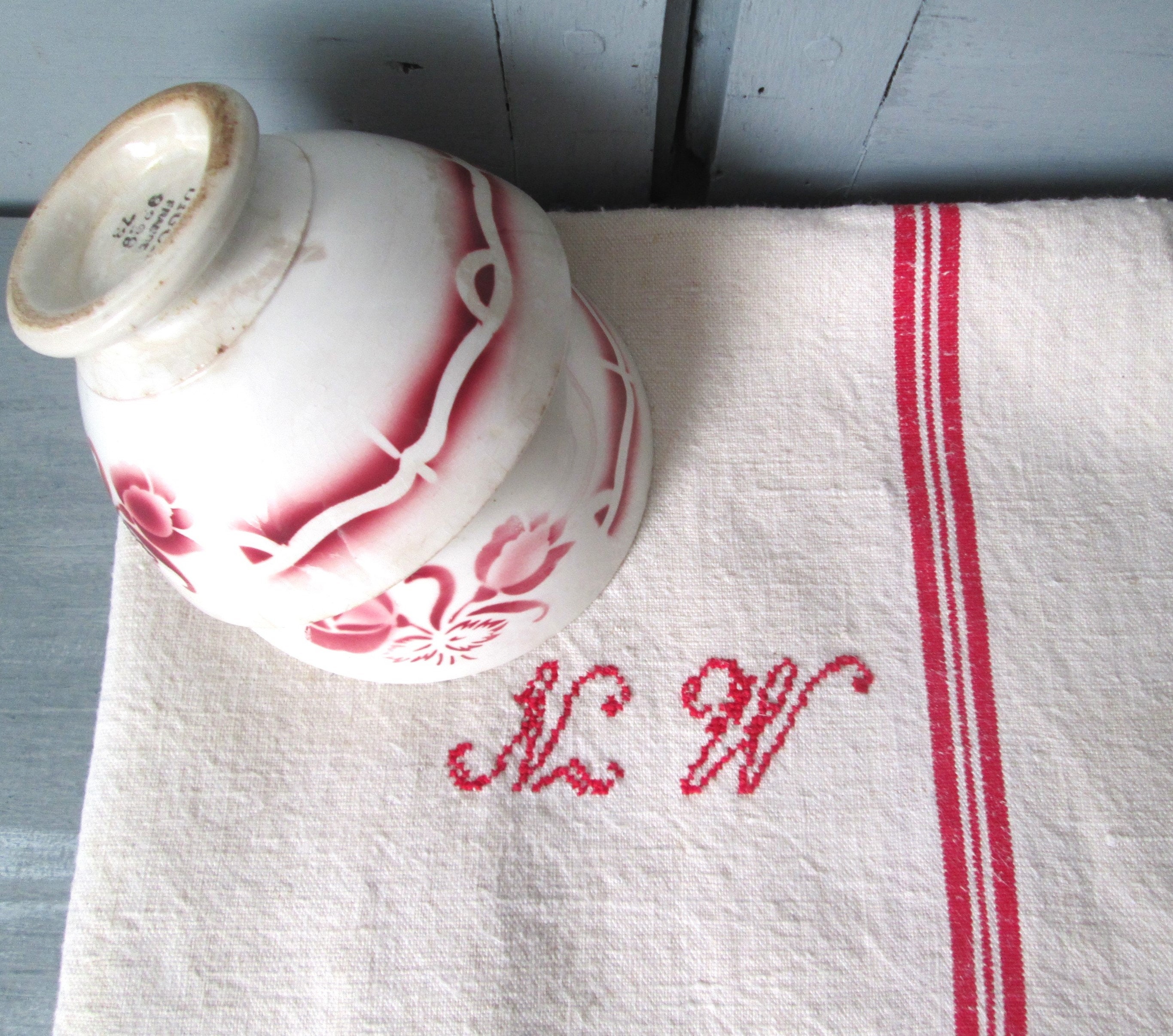Set of 2 Antique French Hemp Kitchen Towels Red Crossed