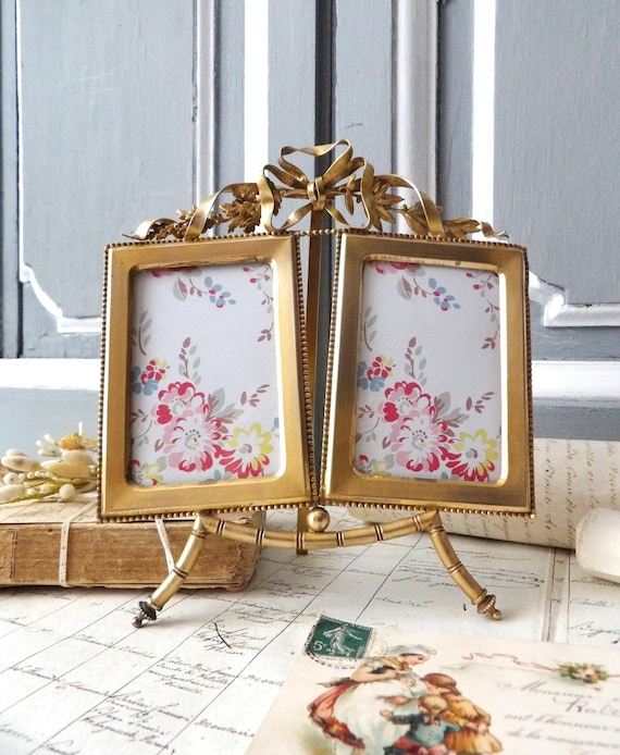 Antique French Double Photo Frame Gilded Bronze Large Bow Mid