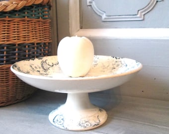 Antique French Terre de Fer Compotier – Swallow Motif, Navy Blue
