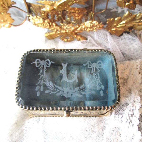 1800's French jewelry box etched glass top initial L bows flower blue tufted silk interior.