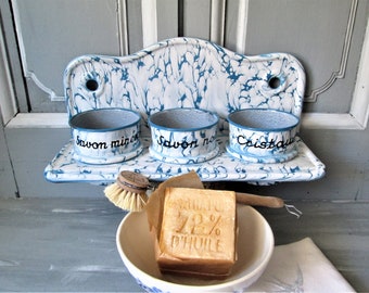 Antique French Enamelware Soap Rack, Blue and White Kitchen Decor