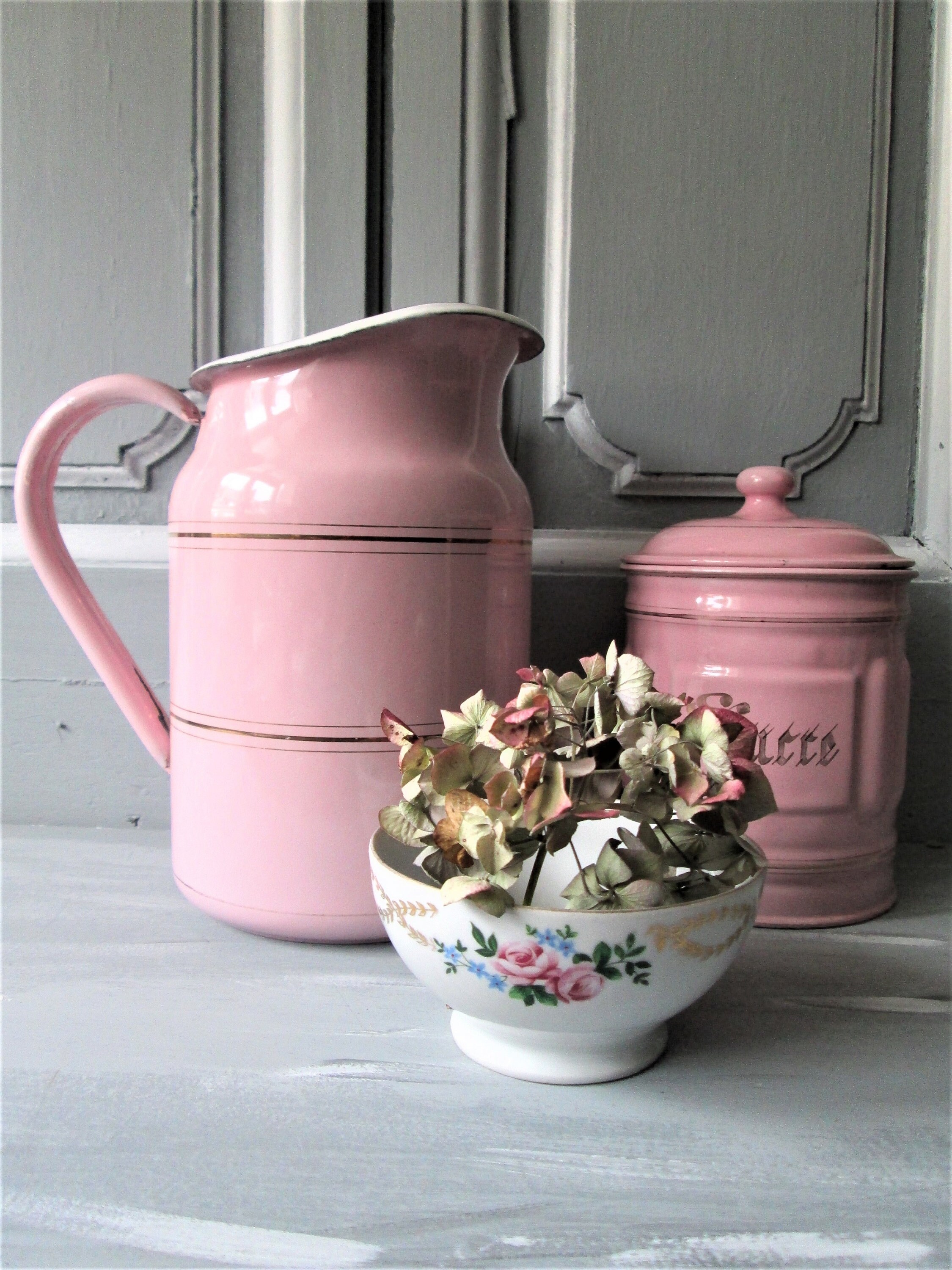 Antique Français Pichet en Émail Rose Vers Les Années 1930 Grande Ballerine Exquise Rayures Or Fin É