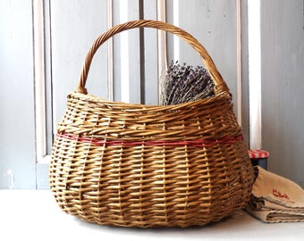 Vintage  French Wicker Basket market basket with Red Stripe.