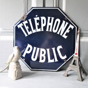 1950&#39;s vintage Paris telephone sign large dark blue and white French enamel telephone sign.
