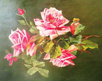 アンティークのフランス製油絵、バラの花束。署名入り。 - Etsy 日本
