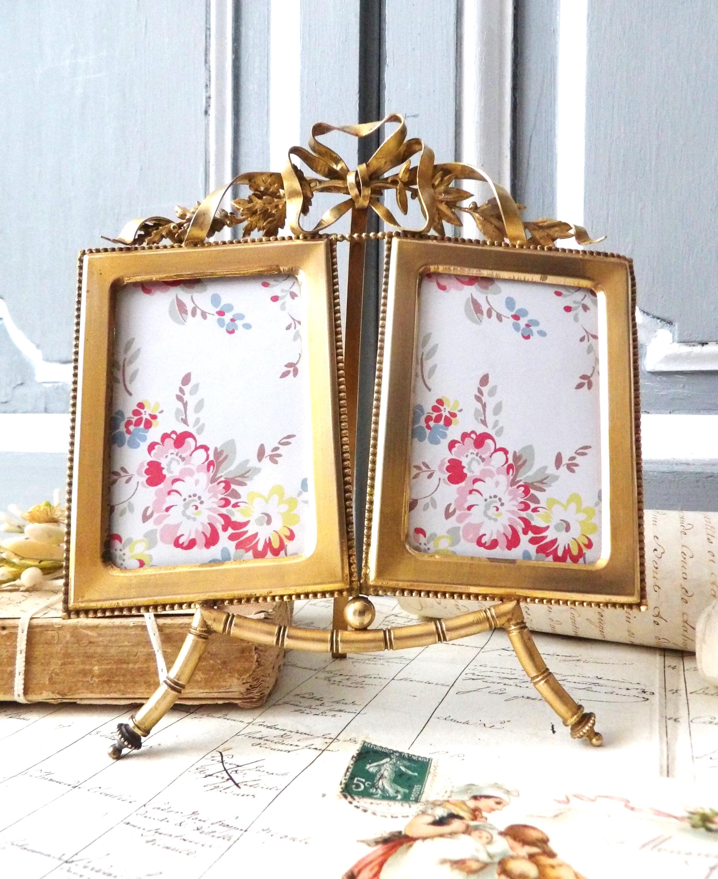 Antique French Double Photo Frame Gilded Bronze Large Bow Mid