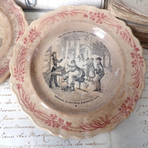 1800 PAIR Creil et Montereau decorative ironstone plates tea stained red and black transferware.