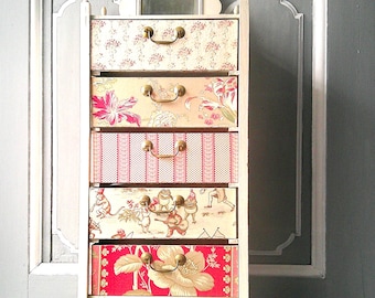 Vintage French Haberdashery Cabinet: 5 Fabric Drawers, Brass Pulls