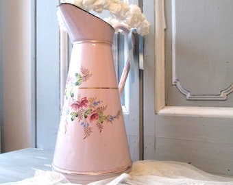 1900 French PINK enamel water pitcher raised roses gold stripes and foliage.