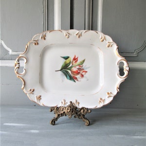 Antique French ironstone platter 1860's French hand painted tulips gilded French ironstone serving platter.