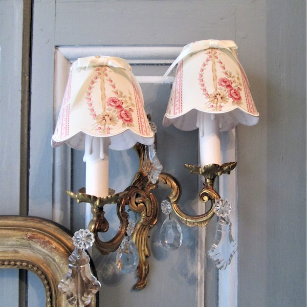 Antique REWIRED French sconce 1920's French gilded bronze sconce rococo  Louis XV style faceted drops complete with custom made shades.