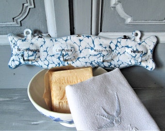 Antique French towel rack French enamel kitchen towels rack 1930's blue and white enamel kitchen towels holder wall mounted .