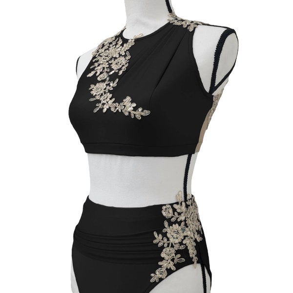 BLACK DANCE COSTUME - 2 pieces with flower applications.