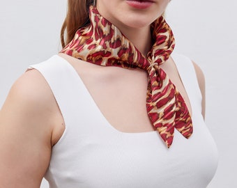 Wild Leopard Red Silk Scarf, Cotton Silk Square Scarf, Fashion Accessory for Women, Head, Neck, Bag