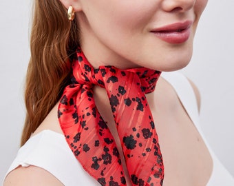 Daisy Flower Red Cotton Silk Scarf, Silk Neckerchief, Cotton Bandana, Versatile Head, Neck, Bag and Fashion Accessory 