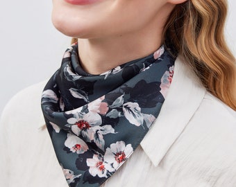 Peony Gray Vegan Silk Women Scarf, Silk Bandana for Women, Versatile Accessory, %100 Cupro Head Scarf, Bag Scarf and Bag Accessory