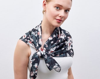Peony Gray Vegan Silk Women Scarf, 40” Silk Bandana for Women, Versatile Accessory, %100 Cupro Head Scarf, Bag Scarf and Bag Accessory