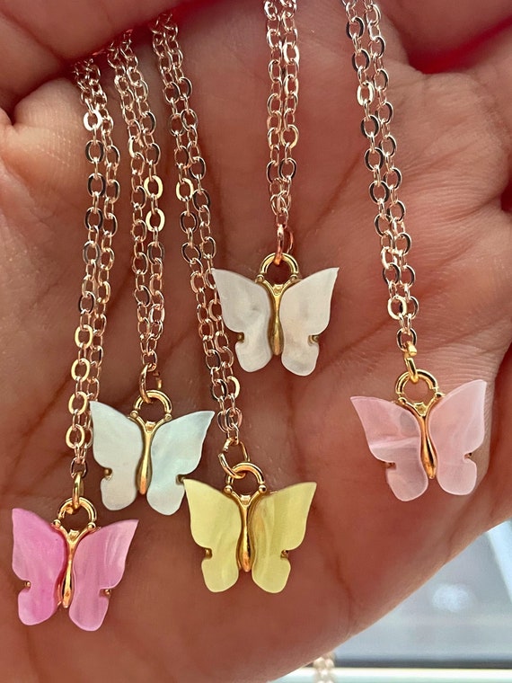 Butterfly Charm Necklace in Gold and Silver Colorful Enamel