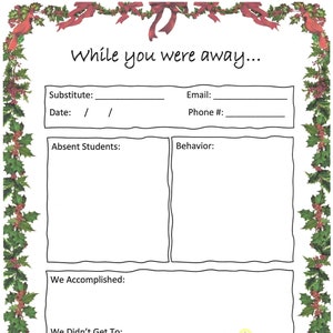 Printable Substitute Note Holiday, While You Were Away