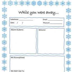 Printable Substitute Note with Snowflakes, While You Were Away