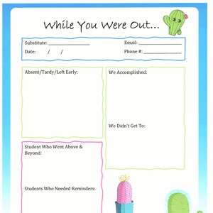 Printable Substitute Note with cactus, While You Were Out